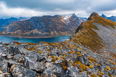 Scenic view of mountains against sky in winter