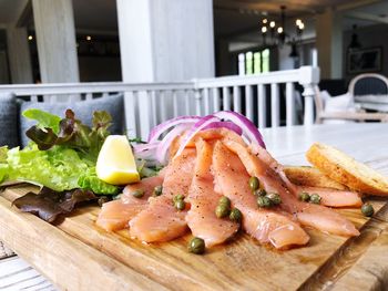 Close-up of food served on table