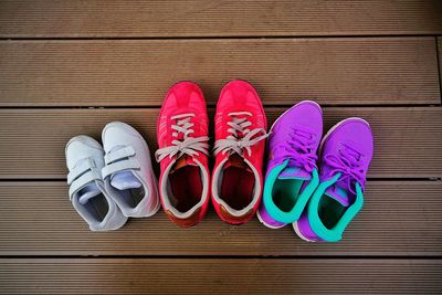 High angle view of multi colored shoes