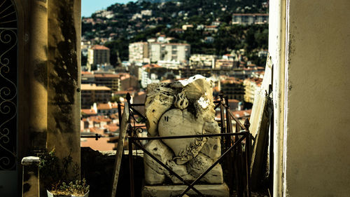 High angle view of old buildings in city