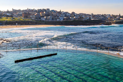 Scenic view of swimming pool by sea against sky