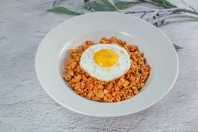 High angle view of breakfast served on table