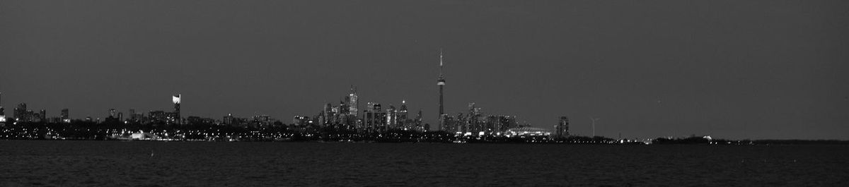 View of city lit up at night