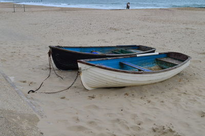 Boat moored on beach