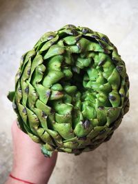 Cropped hand of person holding artichoke over table