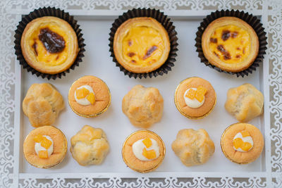 High angle view of cupcakes on table