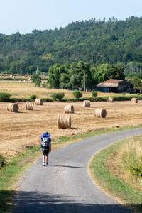 Rear view of man walking on road against mountains