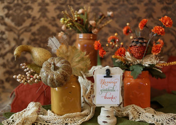 Close-up of decorations on table