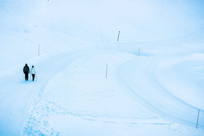 Rear view of people walking on snow covered land