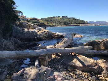 Scenic view of sea against clear sky