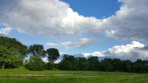 Scenic view of grassy field against cloudy sky