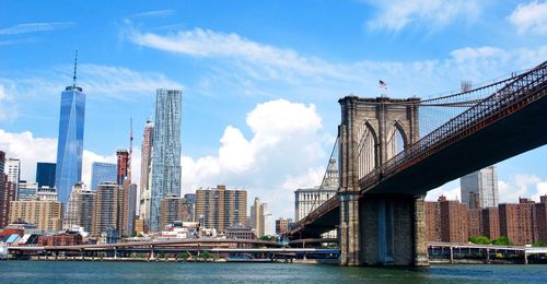 Bridge over river by buildings against sky in city