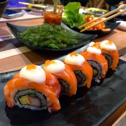 Close-up of sushi in plate on table