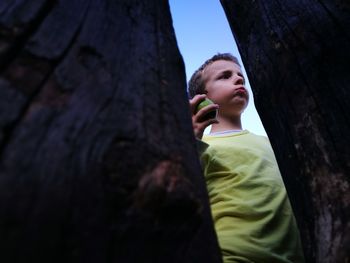 Low angle view of boy holding apple seen through wood