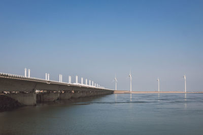 Bridge over river against clear blue sky