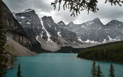 Scenic view of lake and mountains against sky