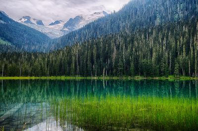 Scenic view of lake by mountains against sky