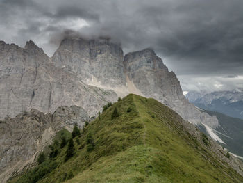 Scenic view of dolomites mountains against cloudy sky