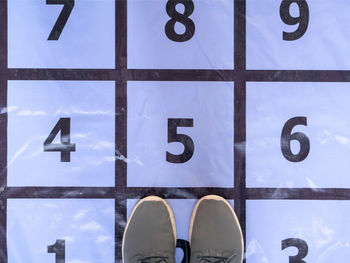 Directly above shot of shoes on numbers