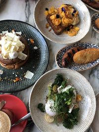 High angle view of food served on table