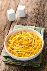 High angle view of noodles in bowl on table