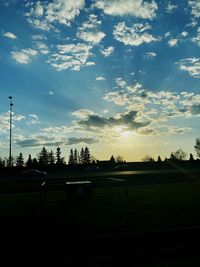 Silhouette trees on field against sky at sunset