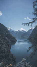 Scenic view of lake and snowcapped mountains against sky