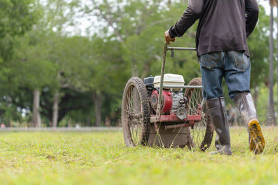 Thai worker mowing grass with machine in the public garden