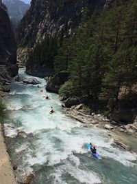 High angle view of man surfing on river amidst trees