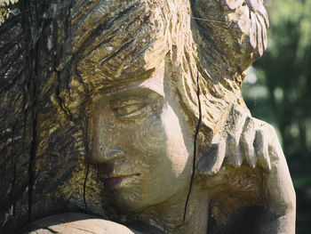 Close-up of statue against tree trunk