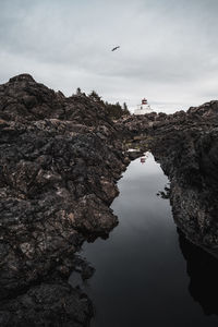 Scenic view of rock formation in sea against sky