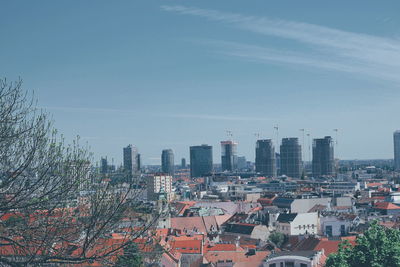 High angle view of buildings against sky