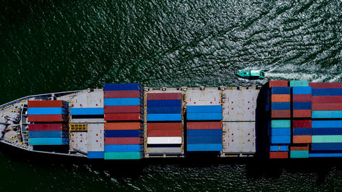 Aerial view container cargo ship in import export business service commercial trade logistic 