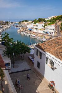 High angle view of street amidst buildings in city