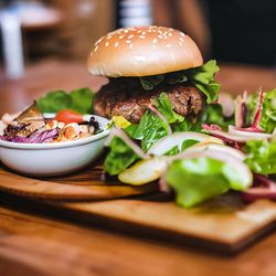 Close-up of burger on cutting board