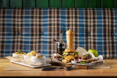 Close-up of food served on cutting board