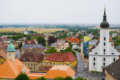 High angle view of townscape against clear sky