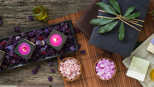 High angle view of pink flowers on table