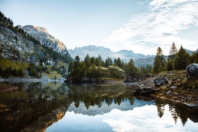 Scenic view of lake and mountains against sky