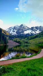 Scenic view of lake against cloudy sky