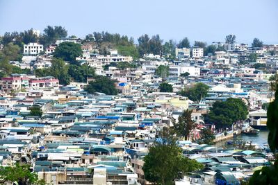 High angle view of townscape against sky