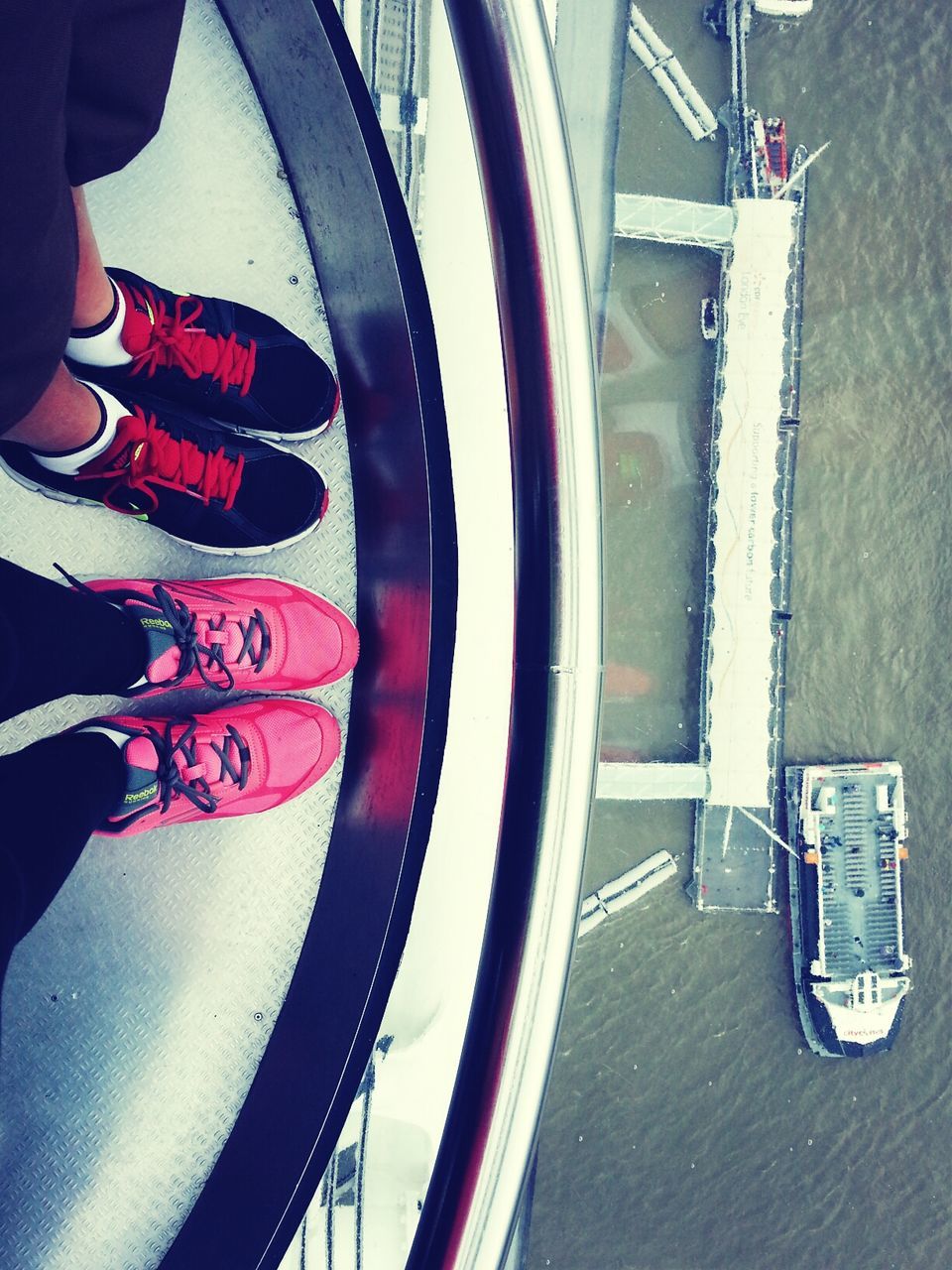 transportation, mode of transport, nautical vessel, part of, cropped, boat, high angle view, metal, water, reflection, close-up, day, indoors, railing, red, moored, no people, land vehicle, sunlight