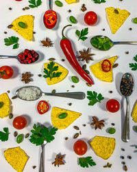 High angle view of vegetables on table