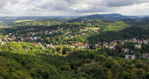 High angle view of trees on landscape against sky