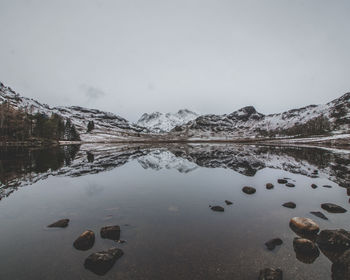 Scenic view of lake and mountains against sky