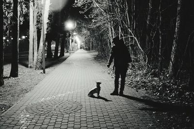 Rear view of woman walking on footpath at night