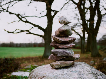 Close-up of stone stack on rock