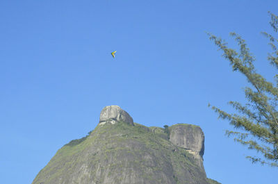 Low angle view of mountain against clear blue sky