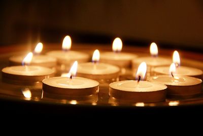 Close-up of lit candles against blurred background