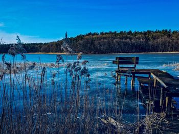 Scenic view of lake against clear blue sky